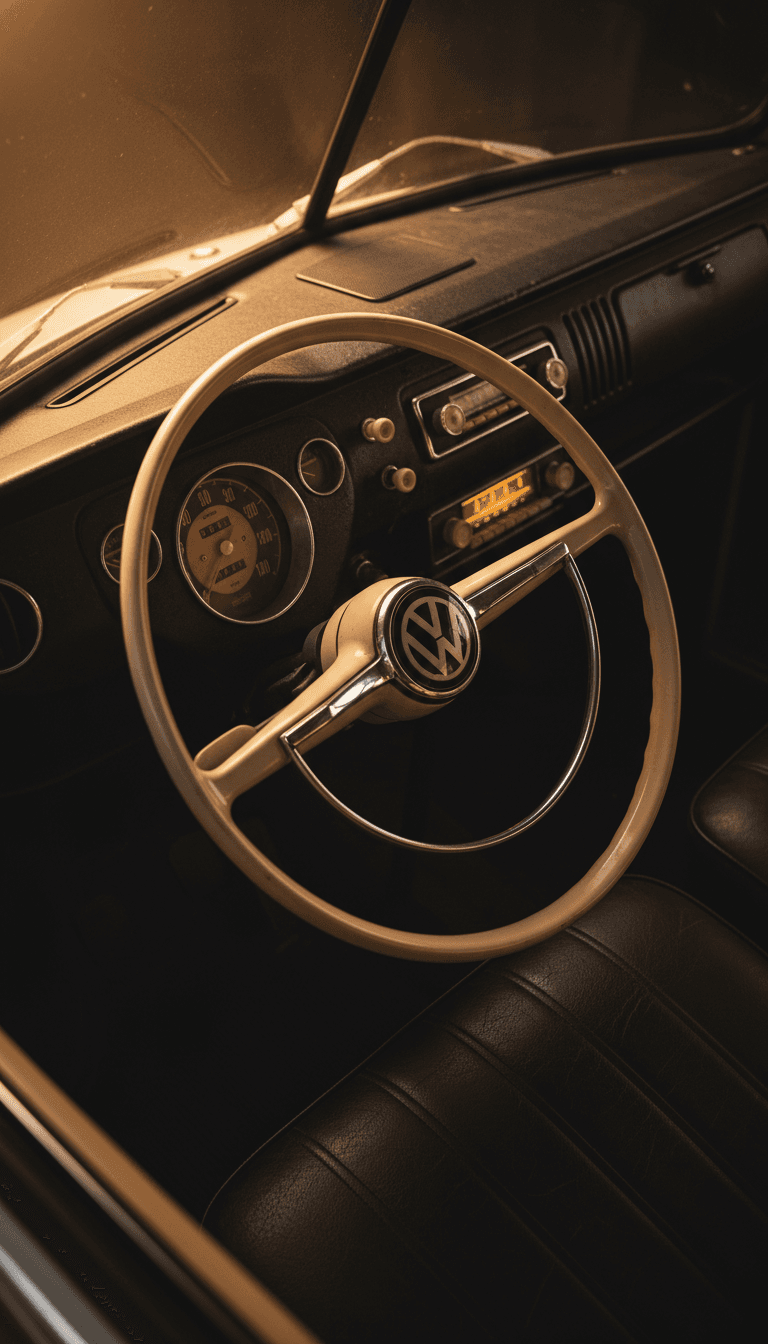 Detalle del volante y panel de control vintage de Kombi restaurada
