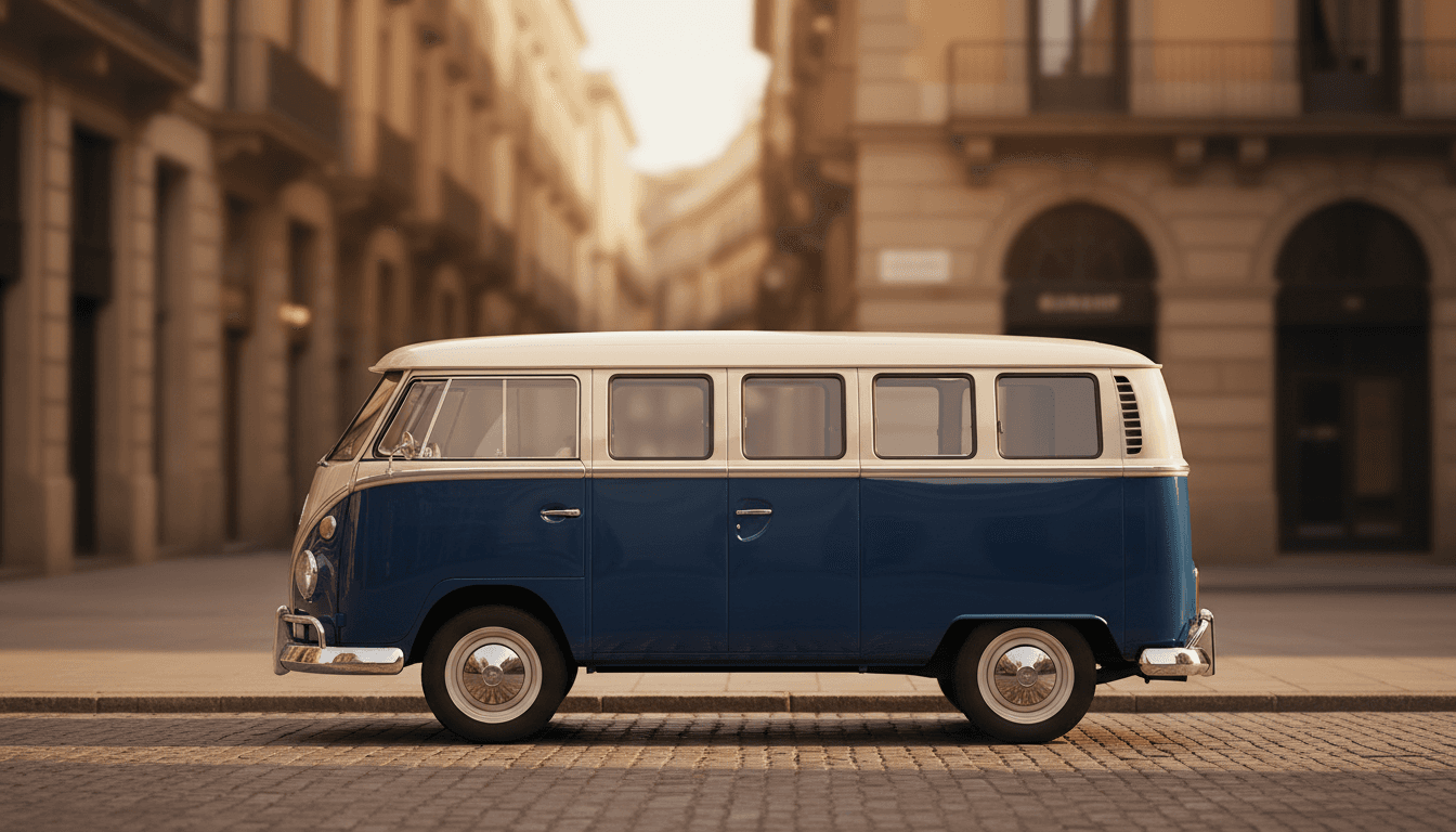 Kombi T2 vintage auténtica importada de Brasil, estacionada en Barcelona con arquitectura mediterránea al fondo