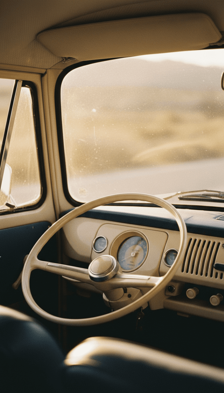 Detalle vintage del volante y dashboard de una Volkswagen Kombi clásica
