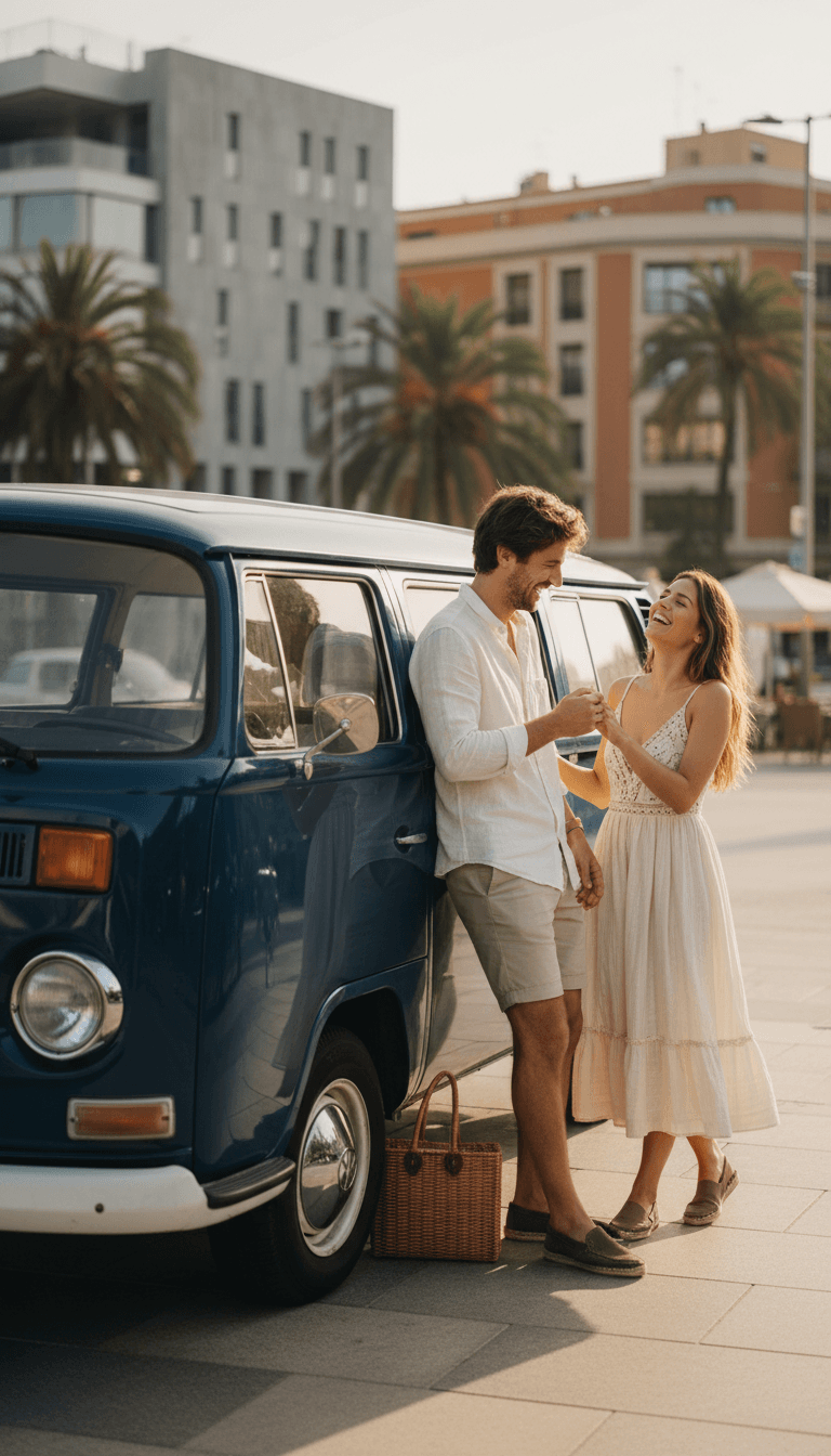 Pareja disfrutando junto a VW T2 Kombi azul en Barcelona