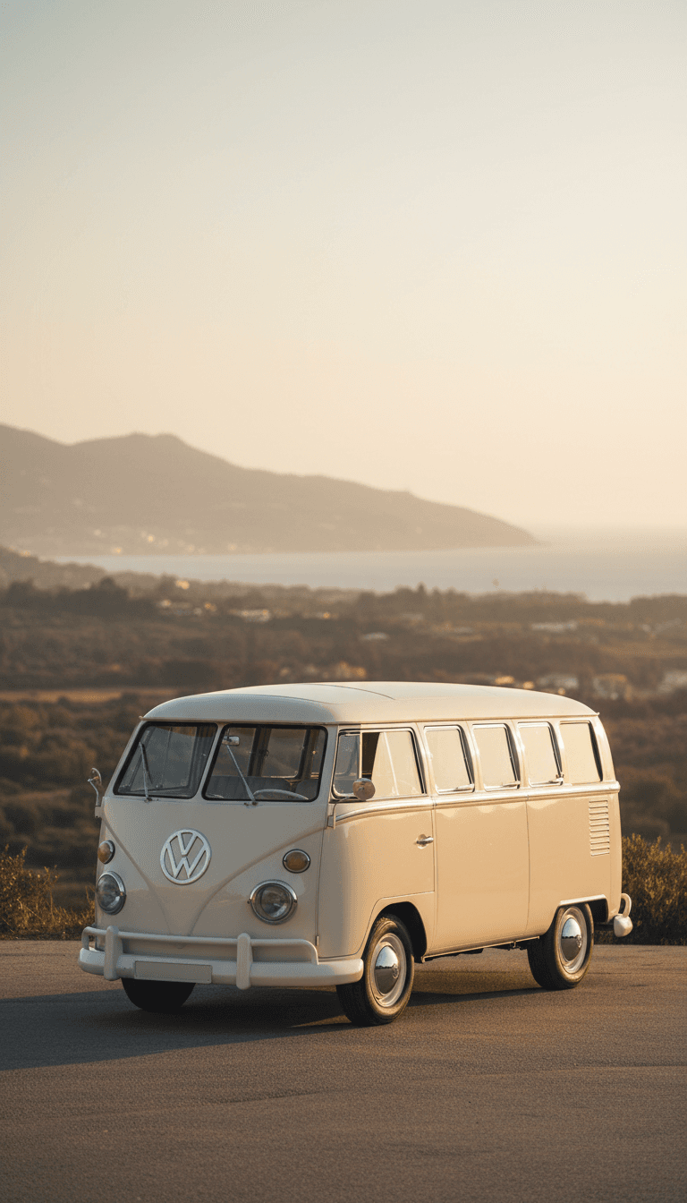 VW Kombi blanca en entorno mediterráneo con vistas panorámicas
