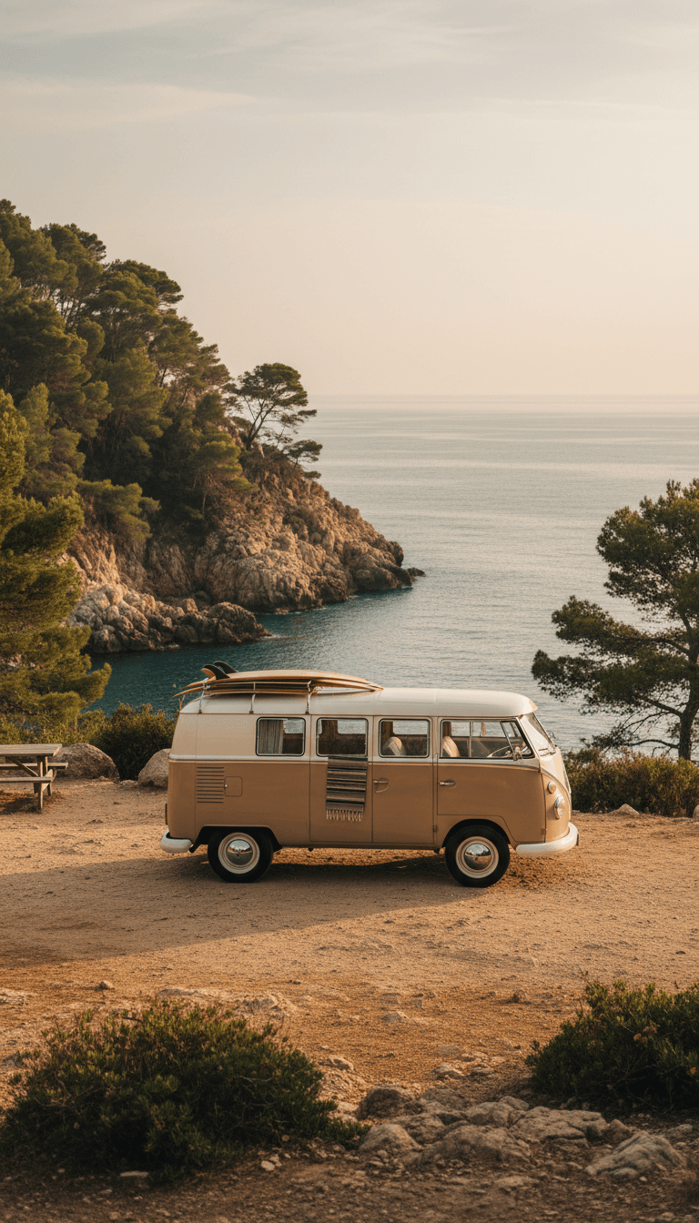 VW T1 Kombi beige junto a paisaje costero mediterráneo
