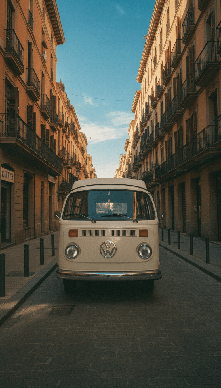 VW T2 Kombi blanca estacionada en calle de Barcelona